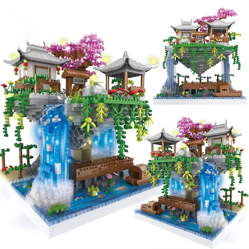 

2705PCS Ancient Architecture Peach Blossom Pond Castle With Light Building Blocks Set Assembly Diamond Brick Toys Children Gifts