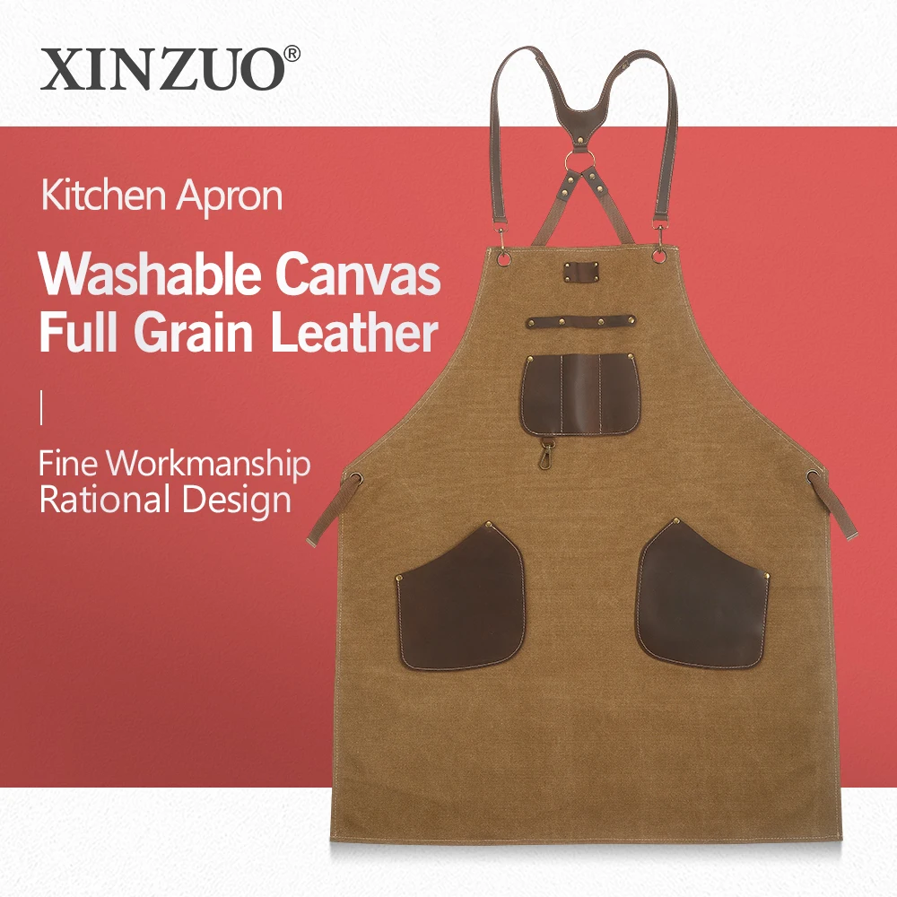 

XINZUO Professional Chef Kitchen Apron Washable Canvas First Layer Cowhide Leather for Restaurant Kitchen Studios Uniform