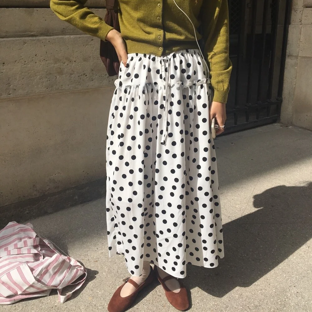 チ � ngqing Dongda Gate ヴィンテージ カジュアル 水玉模様 ウエストゴム ミドル丈 スカート 韓国風 スプリング 秋 冬