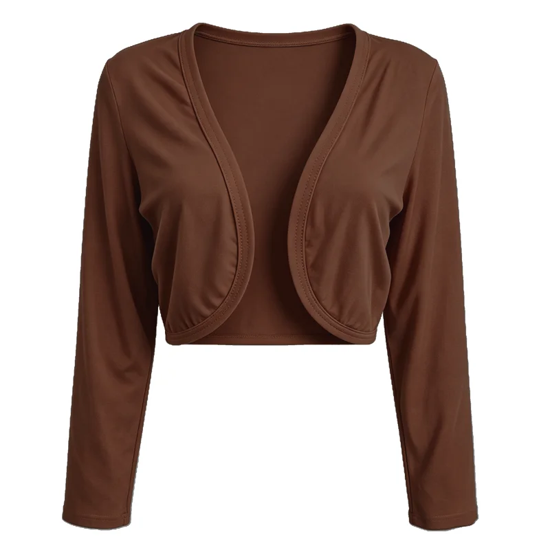 Damen-Bolero mit langen Ärmeln und offenem Vorderteil, kurze Strickjacke, leichte Strickbluse, kurze Jacke, weiches Oberteil, dehnbares Oberbekleidungsstück. – Detail 9