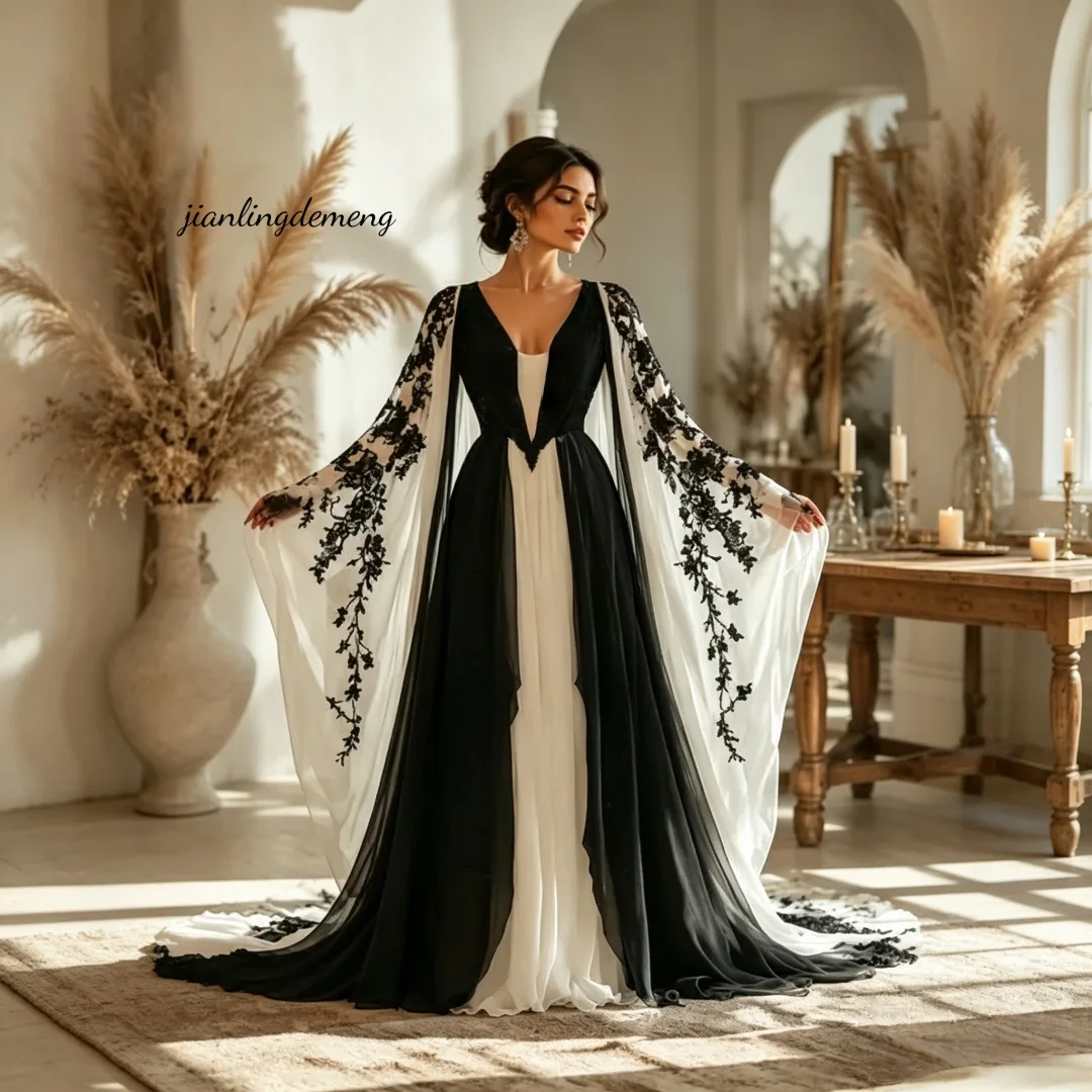 Elegante Vestido de Noche de Gasa Blanco y Negro con Cuello en V, Manga Capa, Aplicaciones de Encaje, Corte A, para Fiesta de Graduación, Invitada de Boda, Personalizable