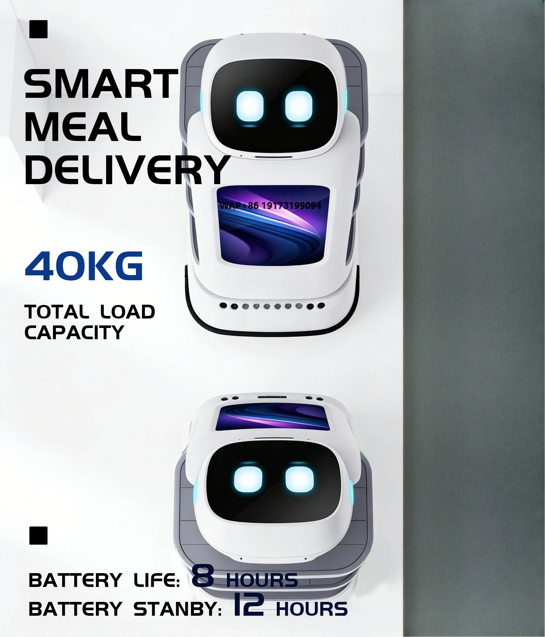 

Hotel Service Robot with Automatic Recharging and 40KG Payload for Guest & Food Delivery 8MP IP65 Rated