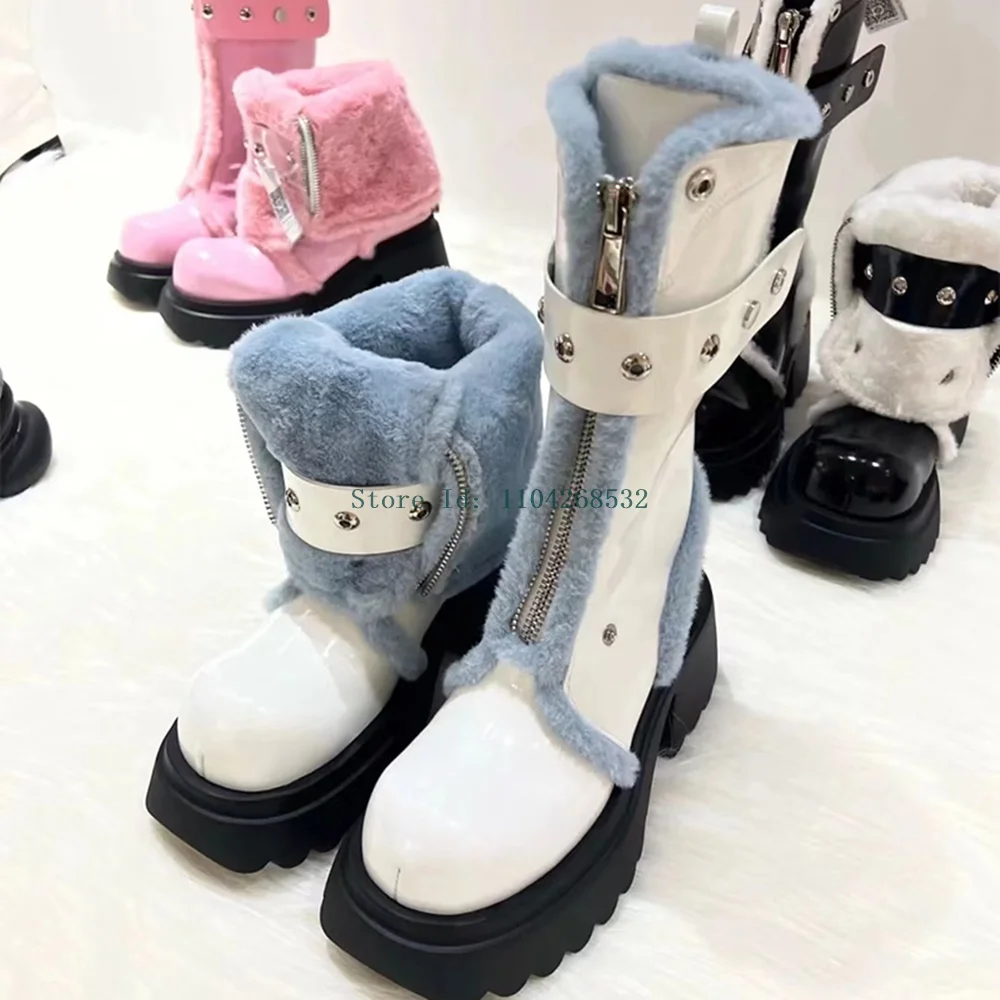 Fur Tum Over Versatile Rivet Ankle Booties Round Toe Thick Heel Zipper Buckle Strap Flock Lining New Arrivals Lady Snwo Boots