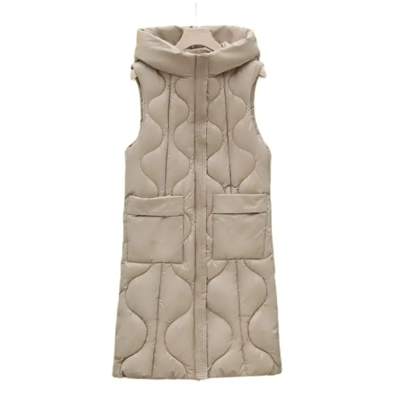 

2023 New Autumn Winter Women's Down Cotton Vest Coat Solid Slim Warm Fashion Hooded Sleeveless Jacket Female Long Waistcoat Coat