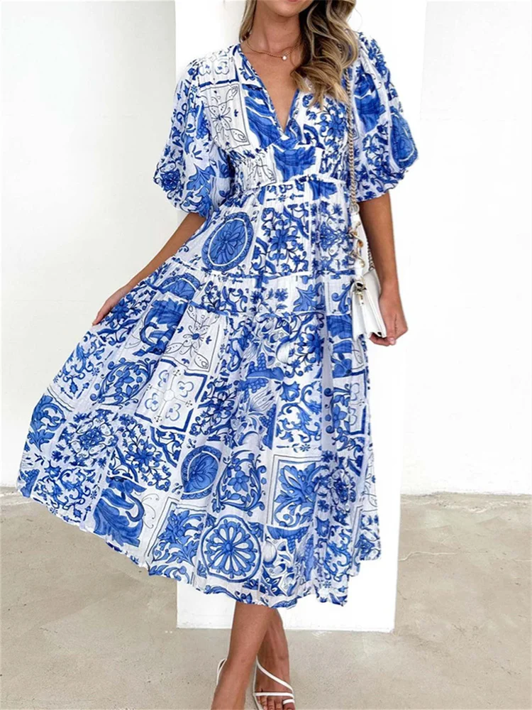 Boho Long Dresses Women Vintage Floral Print Dress Ladies Summer Short Sleeve Beach Dress Female Elegant V Neck Holiday Vestidos