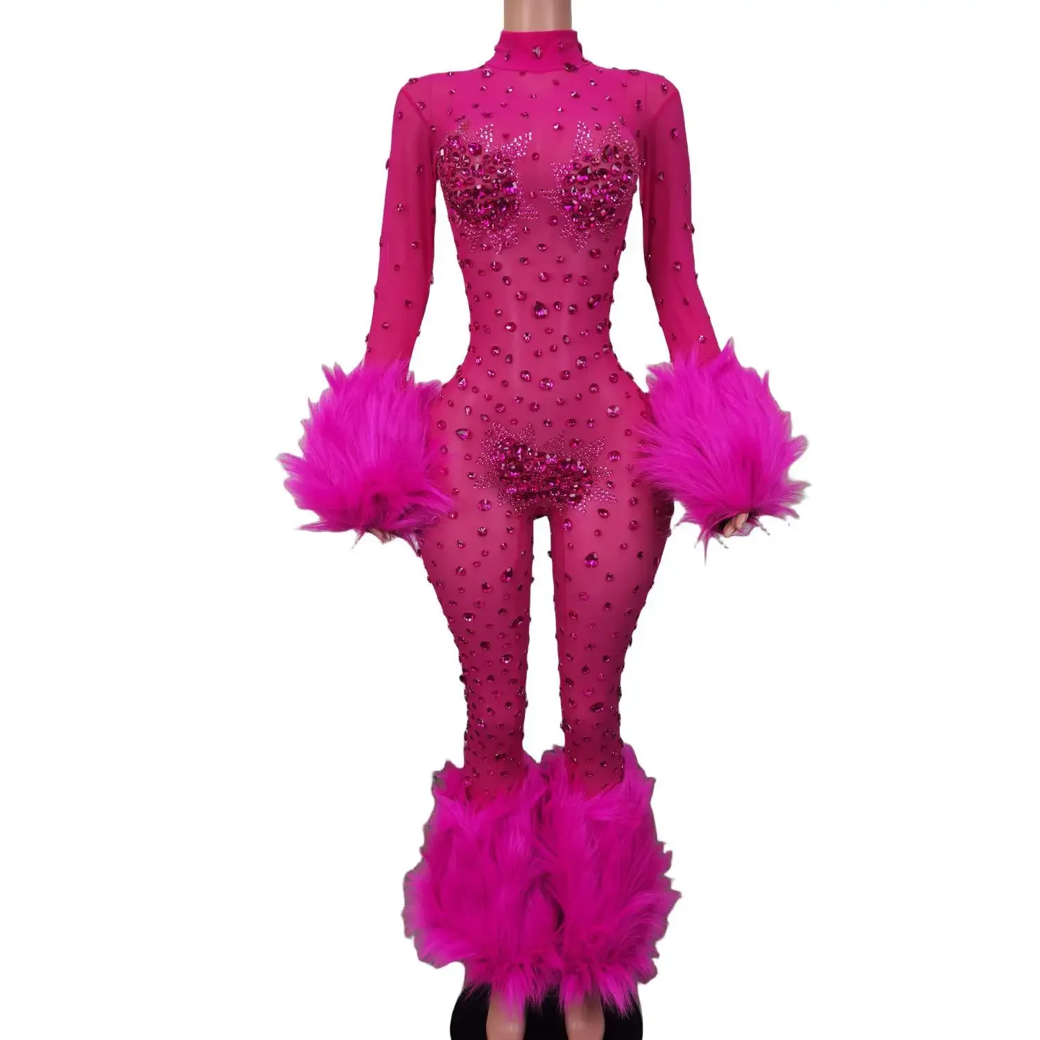 

Sexy Pink Feather CrystalTransparent Bodysuit Stripper Outfit Exotic Dance Wear Carnival Party Stage Show Fashion Women Jumpsuit