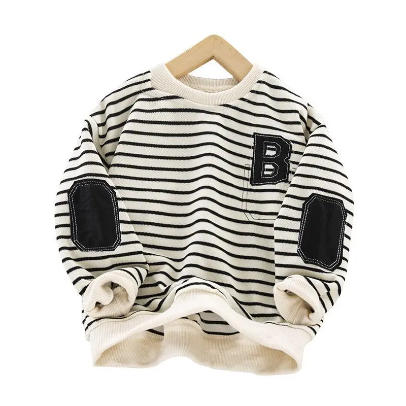 2026 New Boys Striped Sweatshirt Thickened Autumn Long Sleeve Pullover Casual Kids Tops Streetwear Base Layer