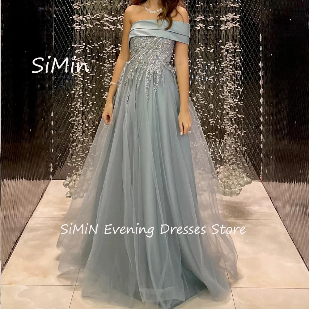 Simin Satin Strapless Saudi A-Line Beaded Lace Sleeveless Simple  Floor-Length Arab Evening Party dresses for women 2024