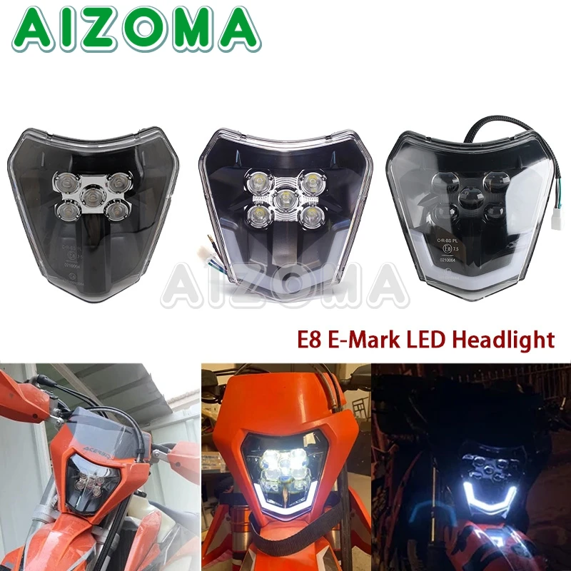 E8 E-Mark 12V Motorcross Dirt Bike LED Headlight DRL HI/LO Beam Running Light For TC FE TE EXC XCW XCF 125-350 450 530 690 SMR