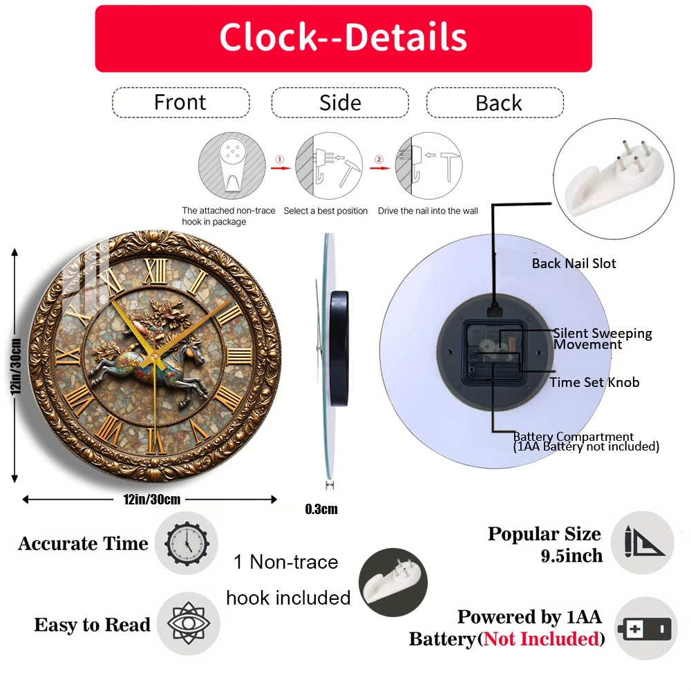 Tempered Glass Wall Clock Galloping Horse with Rider Suitable For Wall Decor or Tabletop Display Anywhere