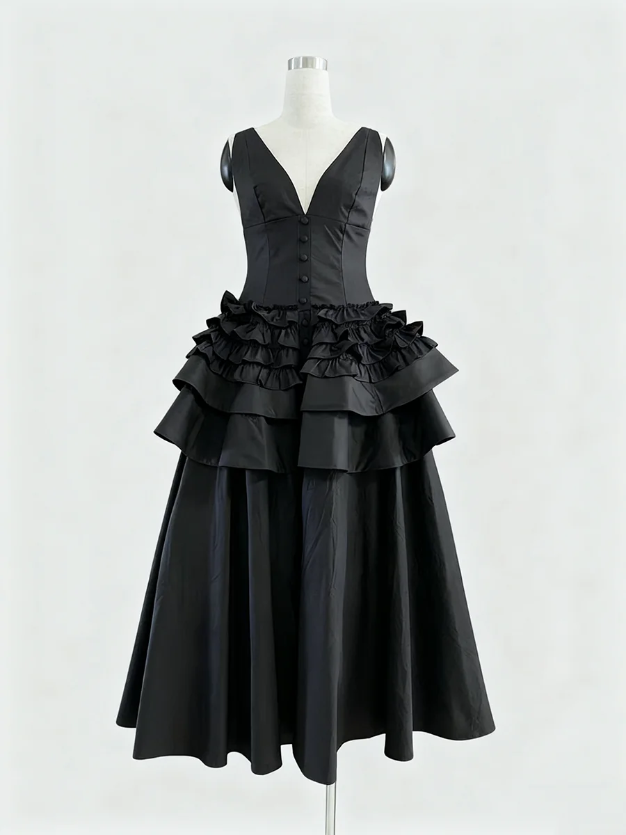 TWOTWINSTYLE الصلبة تقسم الكشكشة طيات فساتين طويلة أنيقة للنساء الخامس الرقبة أكمام تونك المرقعة أزرار فستان الإناث