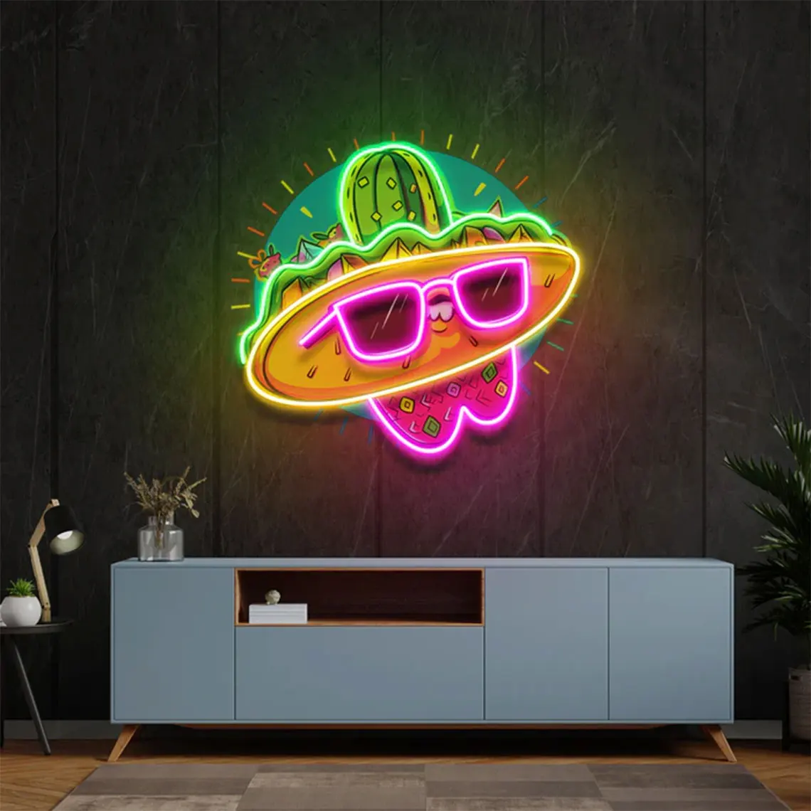 Tacos Restaurant Neon Sign Wall Art Mexican Food UV Printed Artwork Sign Kitchen Living Room Hotel Bar Sign Personalized Gift