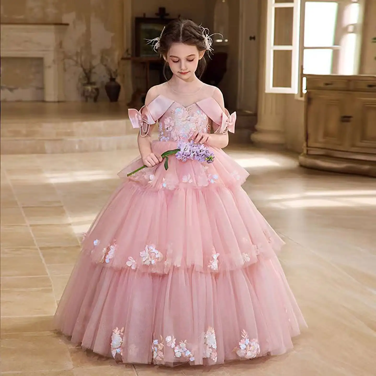 POD Custom Off-Shoulder Tiered Tulle Flower Girl Dress vestidos de fiesta Elegant Princess Wedding Party Evening Pageant Dress