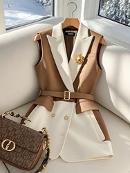 British Fashion Office Lady Coffee Blazers Vest Summer Notched Sleeveless Jackets with Belt Women Temperament Formal Slim Fit