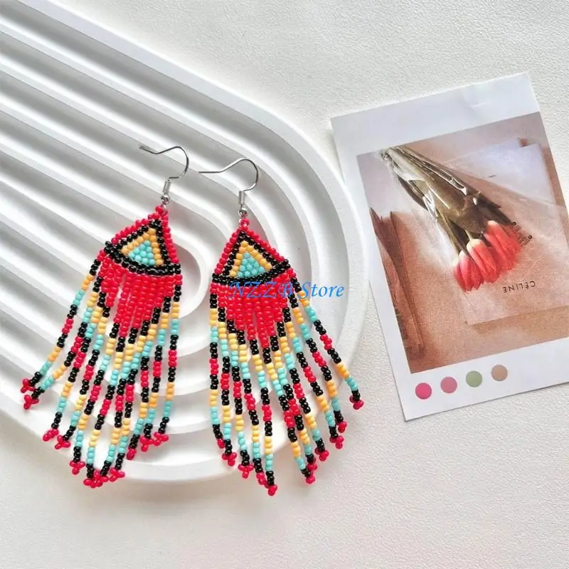 

T21F Colorful Bohemian Seed Bead Earrings Stylish Floral Tassels Drop Women's Jewelry