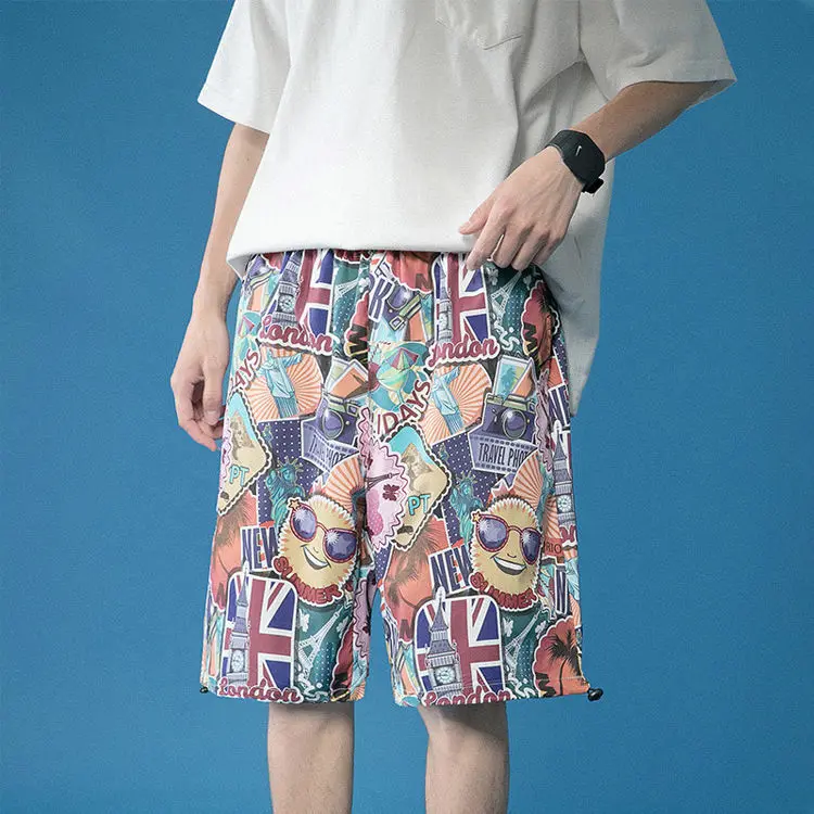 Hong Kong Style Brand Graffiti Shorts Men's Teenager Quick-drying Large Size Loose Beach Summer Thin Sports Pants