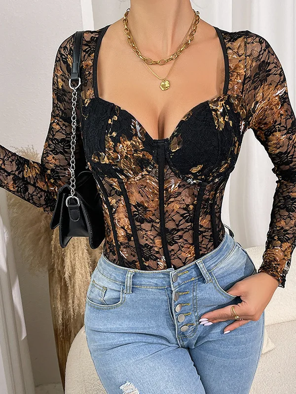 

Sexy Lace Me Bodysuit Long Sve Tight No Chest Pad Crotch Button High Waist Thin Polyester Spring 2026 ort Pants