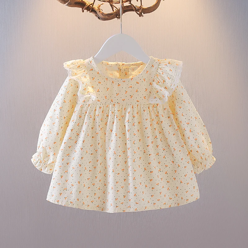 Милая рубашка с цветочным принтом для маленьких девочек, блузка с круглым вырезом и оборками, длинными рукавами, весенне-осенние топы в корейском стиле для маленьких девочек