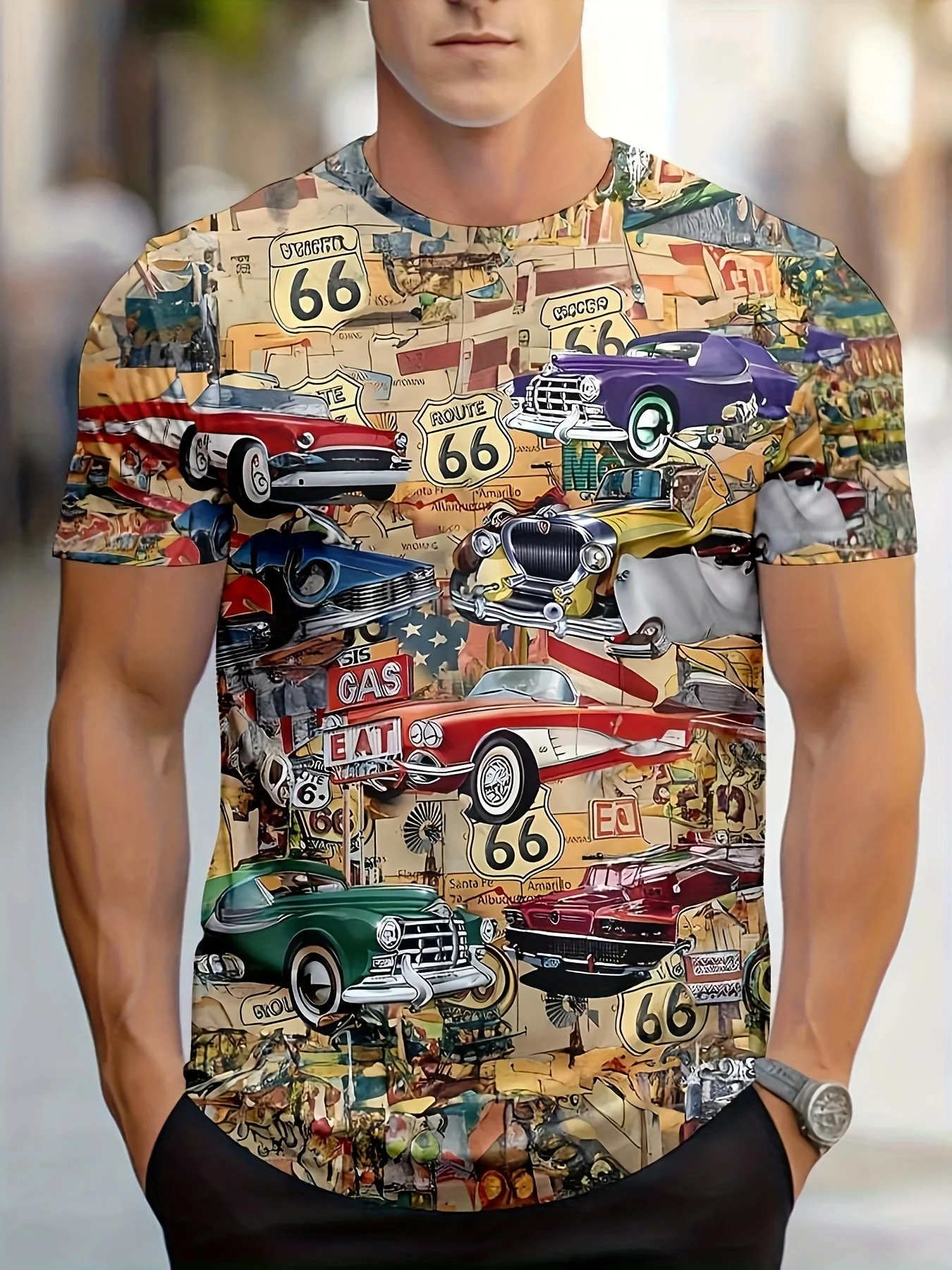 Trendiges, lässiges Herren-T-Shirt mit Rundhalsausschnitt und 3D-Druck, Highway 66 Auto-Herren-T-Shirt