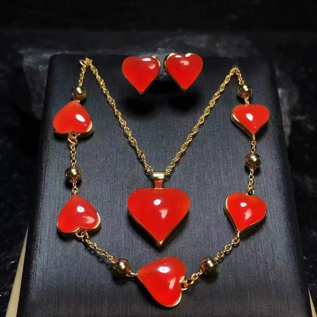 

Fine Ice Red Agate Peach Heart Jewelry Set, Necklace Bracelet Earrings S925 Silver, Red Gemstone Gift for Women