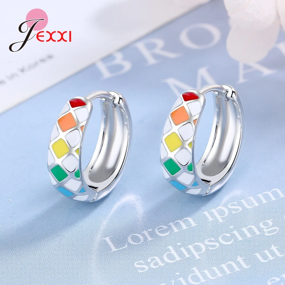 New Trendy Original 925 Sterling Silver Color Rainbow Chequered Earrings Fashion Brilliant Color Ear Buckles Women Fine Jewelry