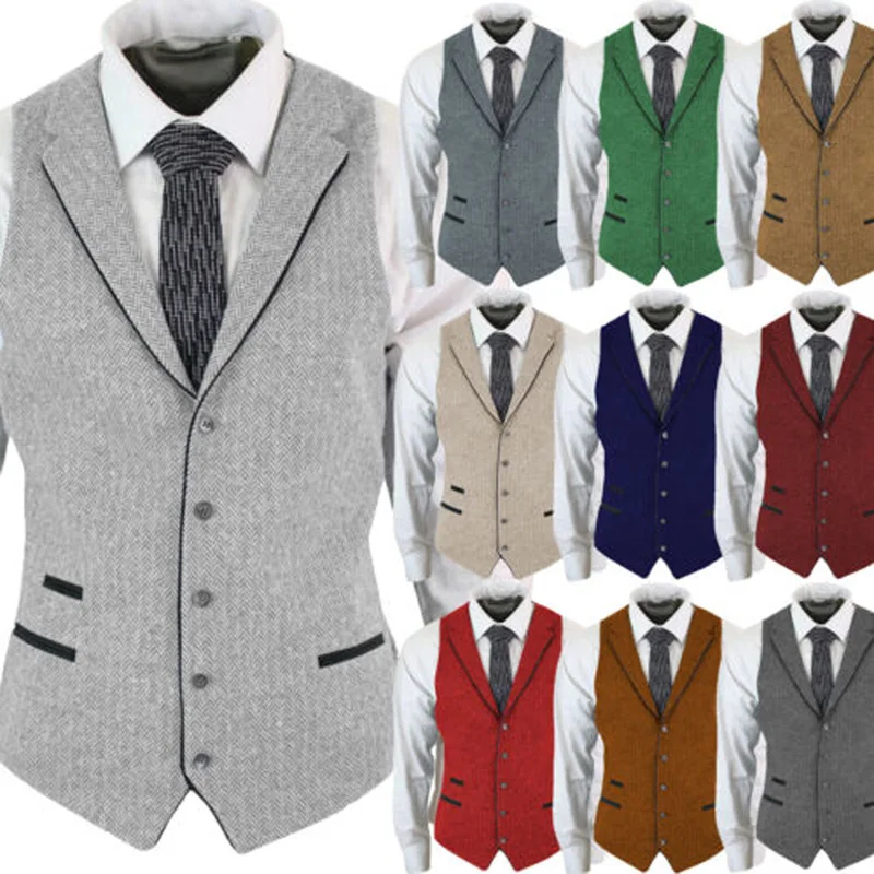 

Retro Mens Suit Vests Herringbone Tweed Slim Fit Striped Waistcoats Hunting Vintage Business Sleeveless Jacket