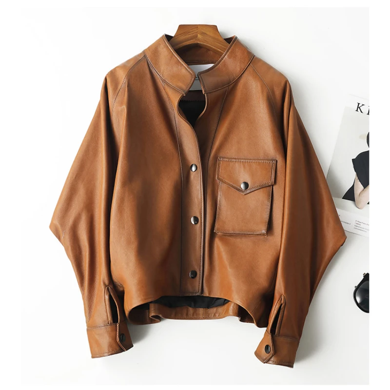 Spring and Autumn New Genuine Leather Coat Women's Oil Wax Sheepskin Short Motorcycle Real Leather Jacket Women