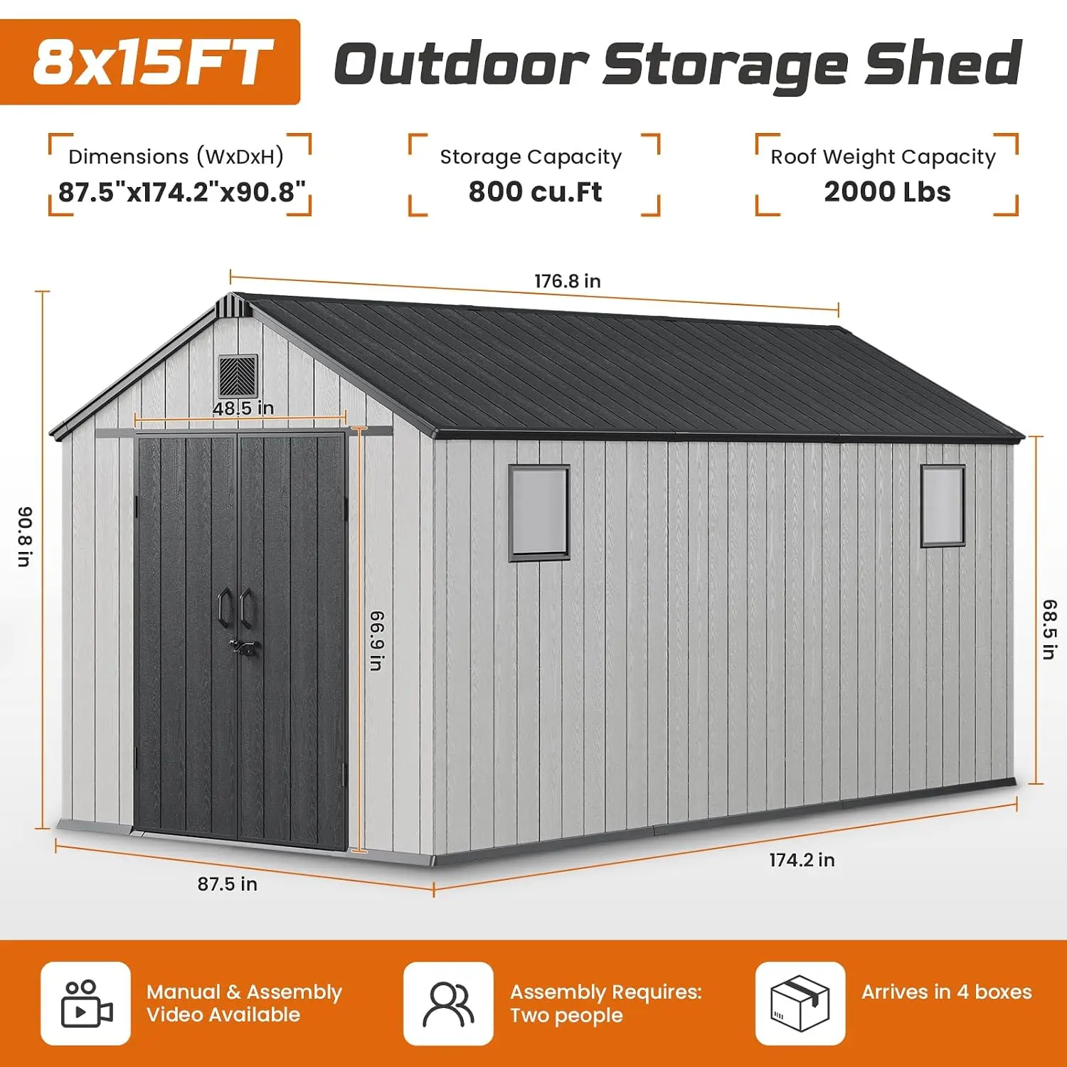 Heavy Duty Resin Storage Shed 8x15FT for Backyard Garden Tool Organization, Customized