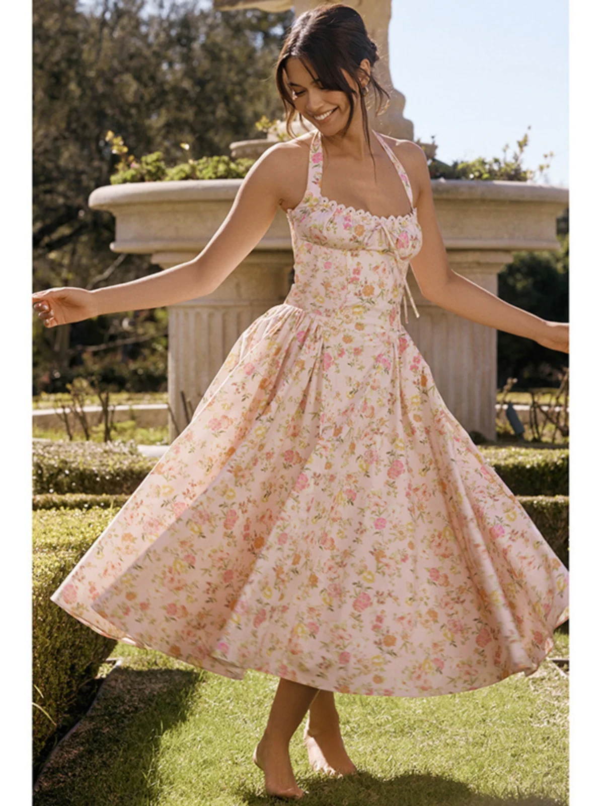 Lace Trim Printed Neline Long Dr Women's Slim Fit ter Dr Square Collar Svel High Waist Gown Summer Dr