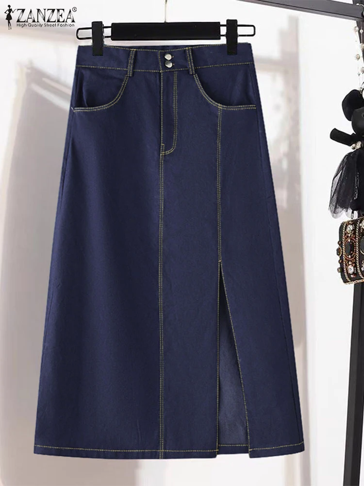 

ZANZEA Women Denim Skirts 2025 Autumn High Waist Split Maxi Long Overskirts Casual Solid Color Pockets Fashion Office Skirts