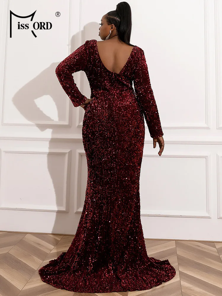 Missord Women Wine Plus Size Evening Dress Long Sleeve Sequins Thigh Split Bodycon Party Prom Maxi Dresses Elegant Backless Gown