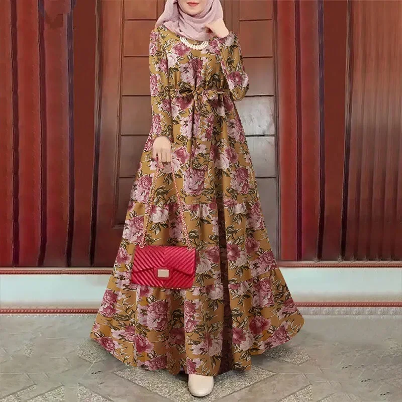 Vestido con estampado Irregular bohemio para mujer, vestidos de fiesta de verano, caftán de manga larga con cinturón, Abayas musulmanas, Dubai,