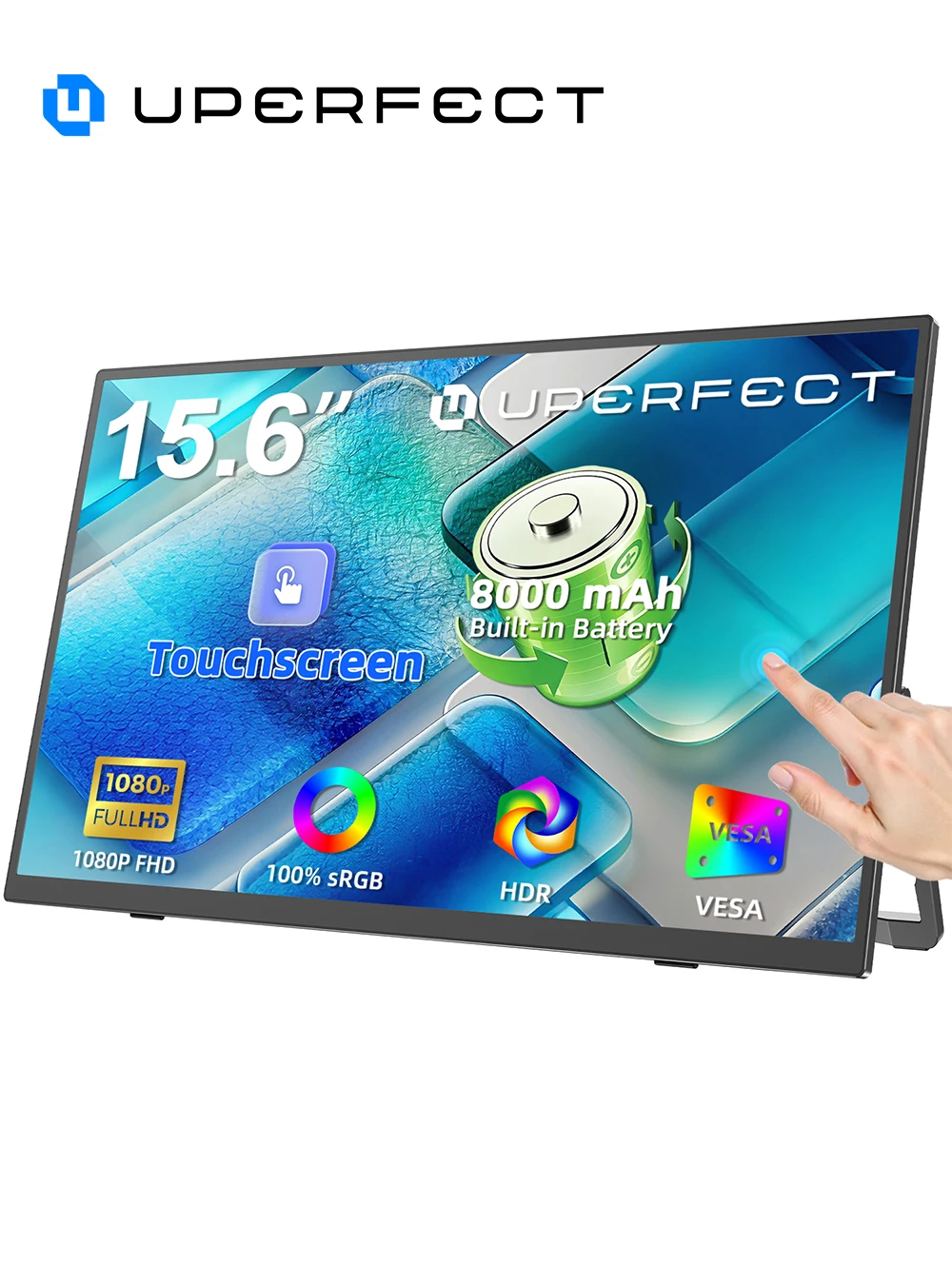UPERFECT Portable Monitor Touchscreen with Battery 8000mAh 15.6" 1080P IPS 100% sRGB 10-Point Touch External Screen For Laptops