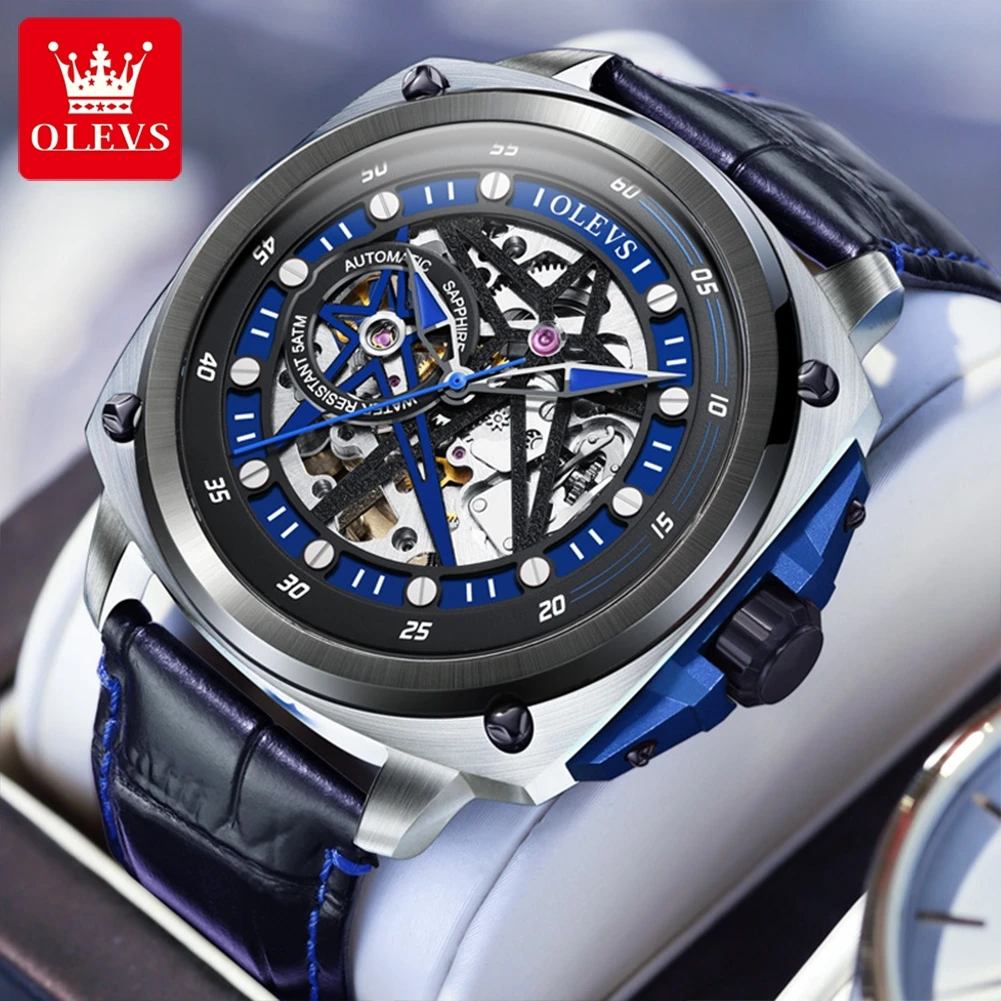 

OLEVS Original Double Star Automatic Mechanical Watch for Men Skeleton 50M Waterproof Leather Strap Top Brand Wristwatch Male