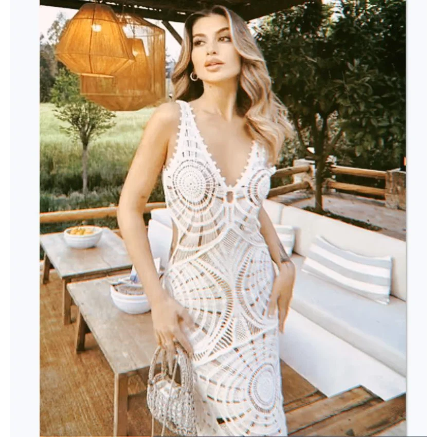 Vestido de playa de punto para mujer, vestido de longitud media ajustado y Sexy con cuello en V hueco, corte bajo, Ins