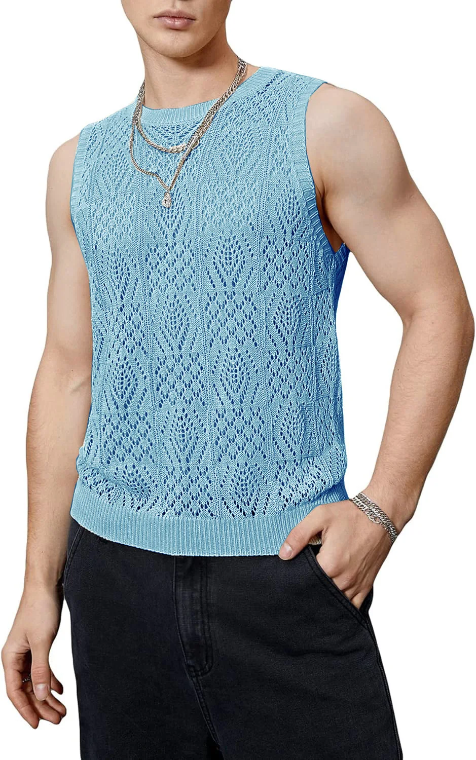 Streetwear Male Vest Thin Hollow Out Mesh Knitted Tanks Mens Sexy Summer Sleeveless Tank Top