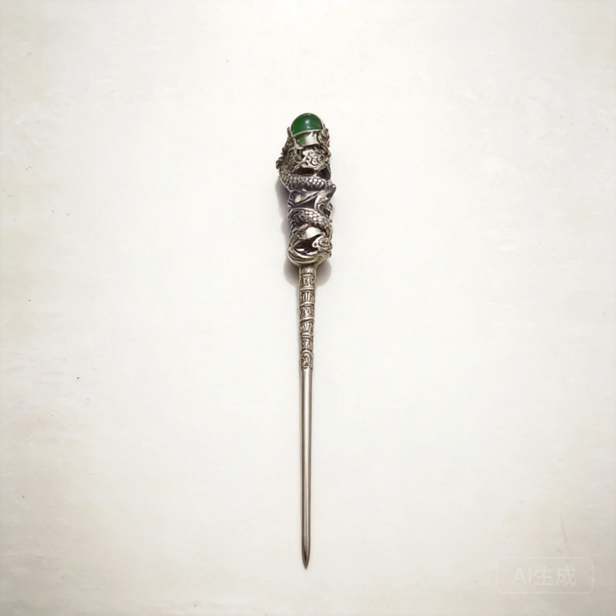 Chinese Vintage Lucky Dragon Head White Copper Hairpin Inlaid Green Gem Auspicious Blessing Miao Ethnic Hair Ornament For Women