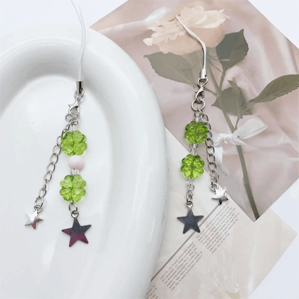 Summer Lucky Grass Phone Charms Green Five-pointed Star Four-leaf Clover Beaded Keychain Clover Y2k Grass Keychain Women