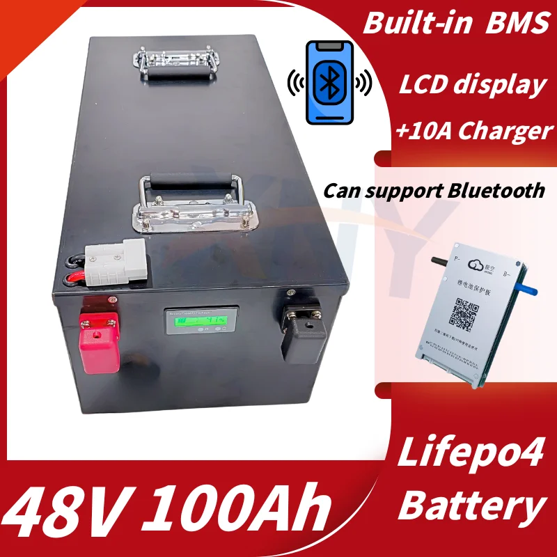 XNY Lithium 48V 100Ah LiFePO4 Battery with BMS for Tricycle Golf Cart Inverter Solar Energy Storage Scooter +58.4V 10A Charger