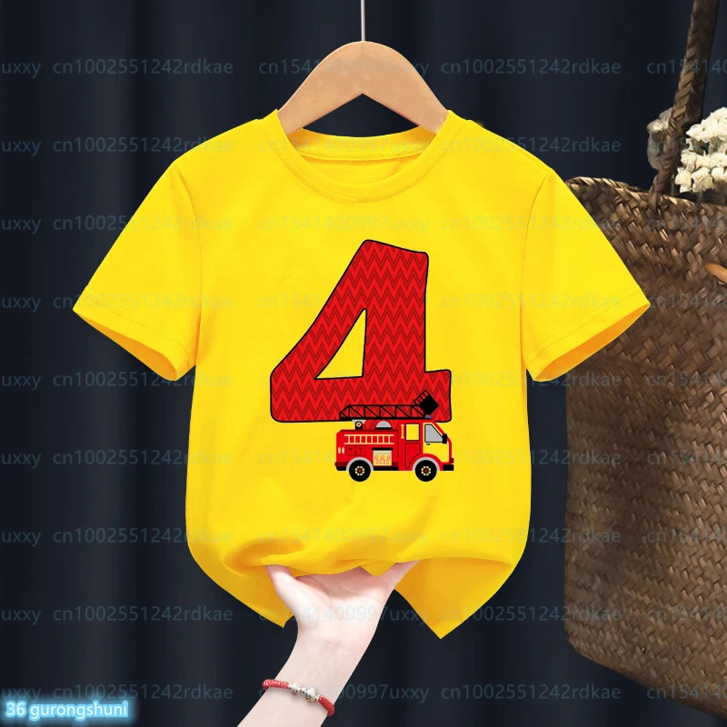 2023 Hot Sale T-Shirt For Boys Funny Basic Fire Truck Birthday Number1-9 th Birthday Party Clothes For Children Kids Tshirts top