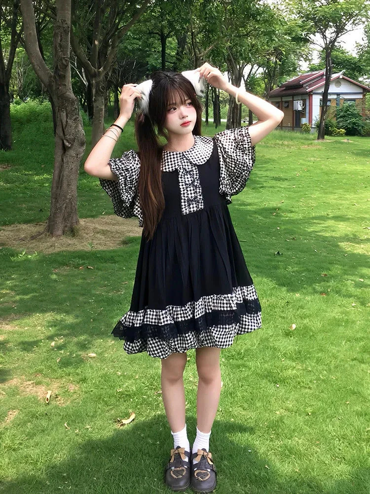 اليابانية منقوشة المرأة فستان الصيف الحلو القوس فراشة كم ريترو فستان فضفاض بيتر بان طوق الدانتيل المرقعة Kawaii فستان جديد