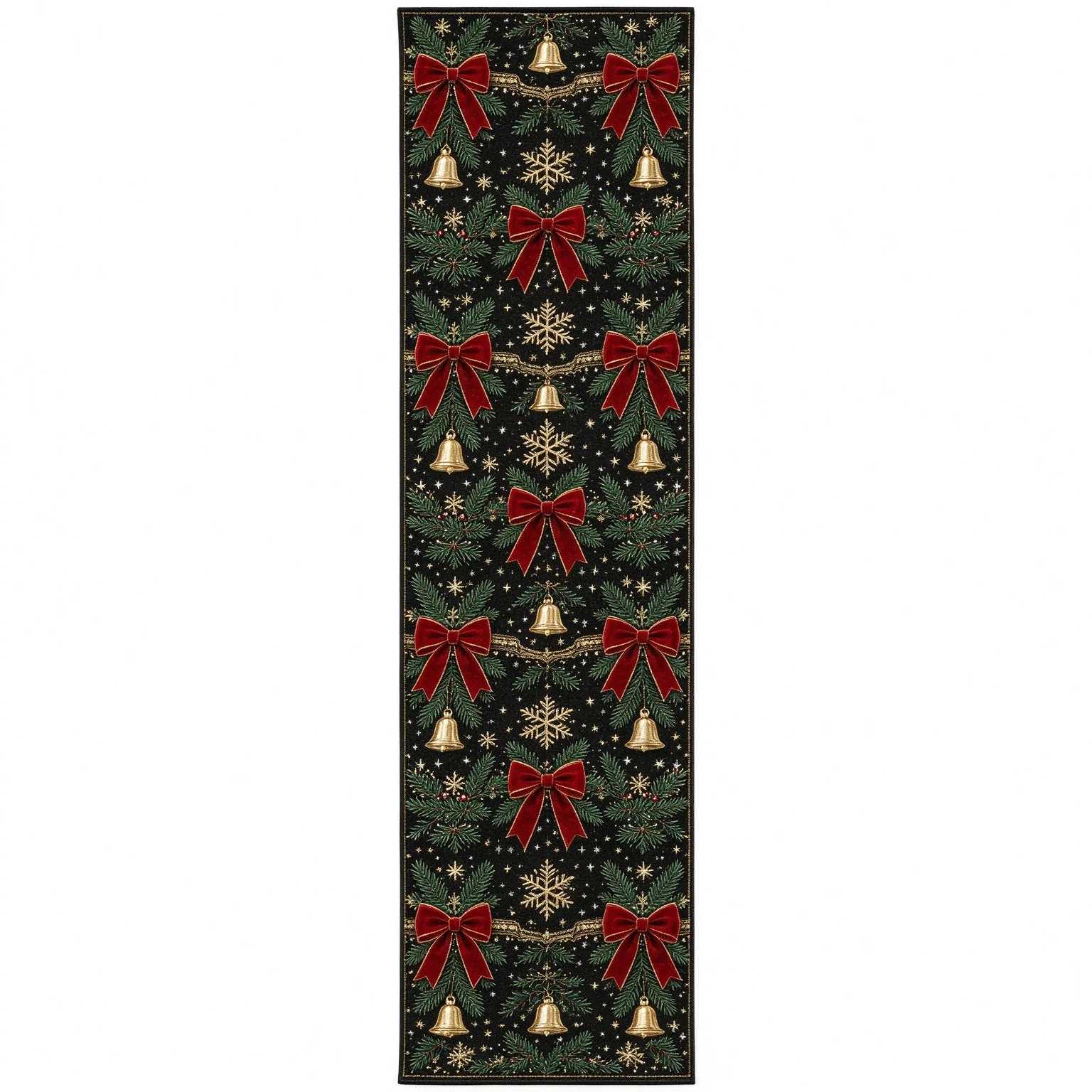 Christmas Table Runner Black Background Red Velvet Bow Golden Bell Snowflake Pine Holiday Table Decor