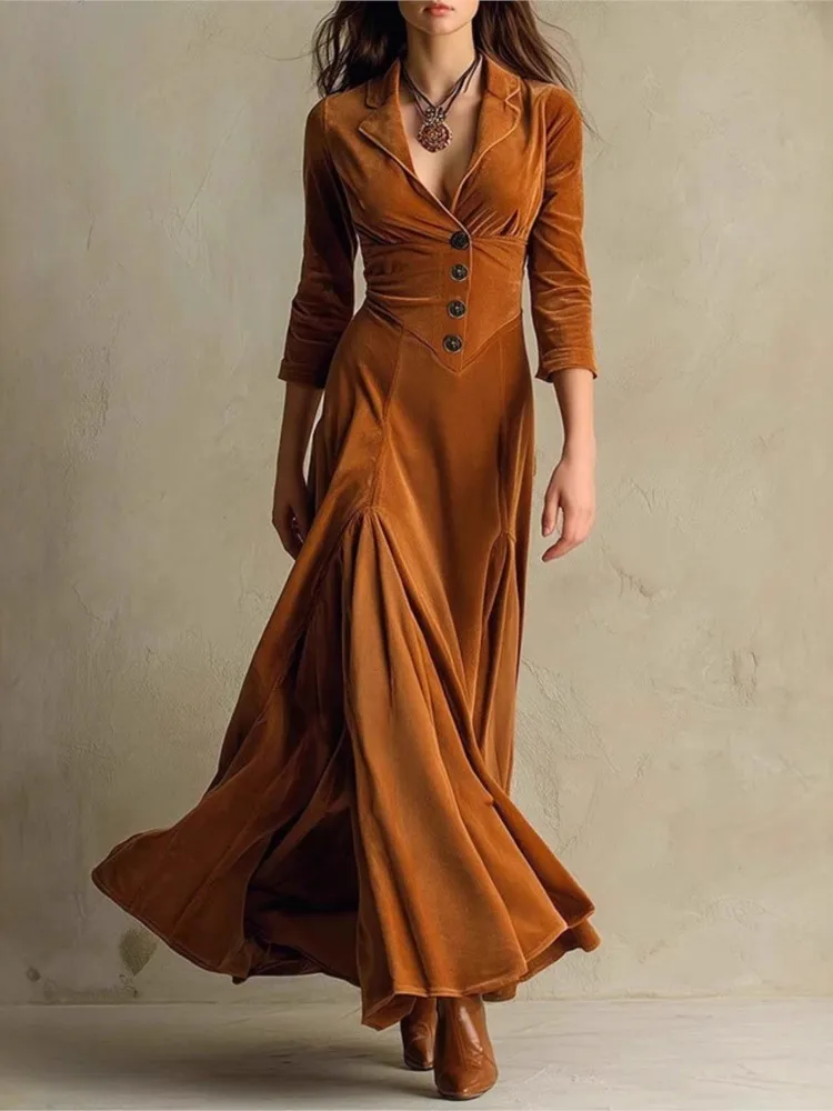 

Woman's Elegant Button Design Long Dress Spring Autumn Fashion V-neck Slim Fit Seven Quarter Sleeve Dresses Lady Solid Vestidos