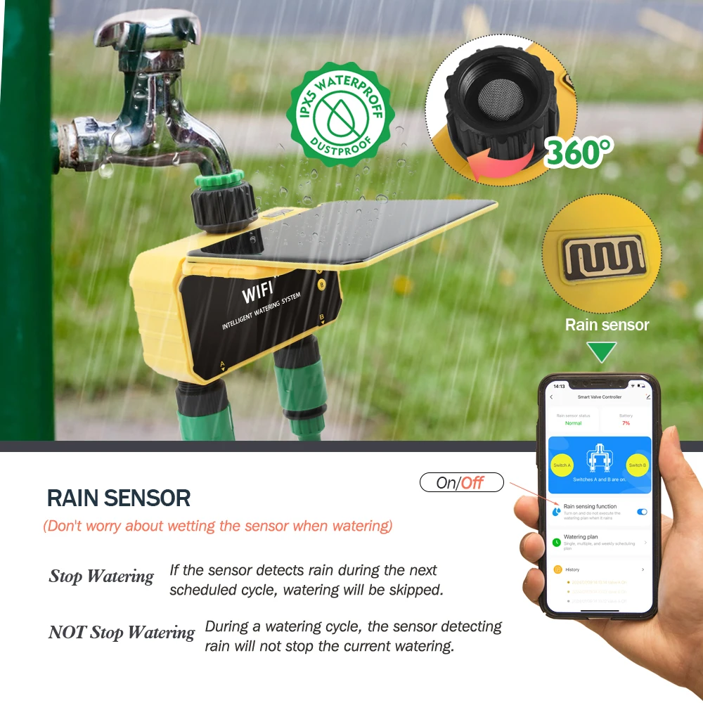 2-Way WIFI Solar Irrigation Timer Tuya/Smart Life APP Control Automatic Irrigation System for Garden Outdoor Tap Solenoid Valve