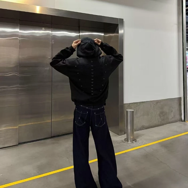 جديد الأمريكية الرجعية العمود الفقري التطريز برشام الحرفية نمط الرجال هوديي Harajuku القوطية فضفاض عارضة الرجال أعلى #3