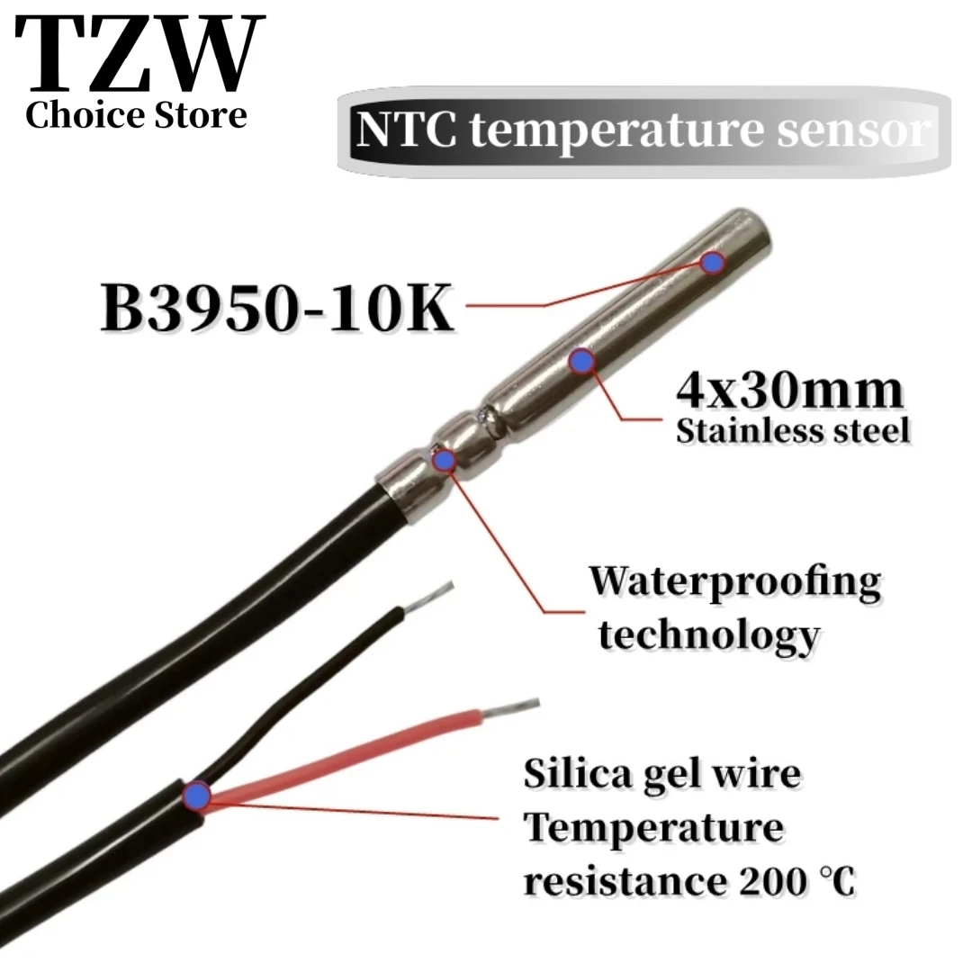 NTC 10K 4x30mm rodillo de doble vía sonda de temperatura impermeable cable de silicona resistencia a la temperatura 200 grados B3950 1% L25CM