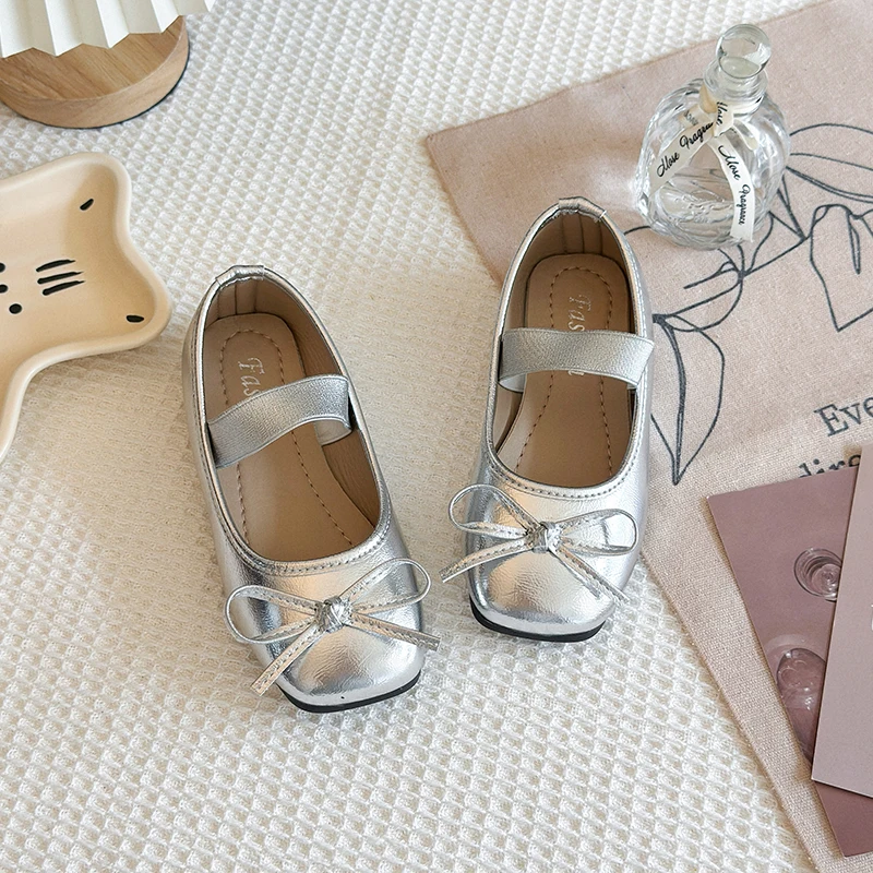 Summer Girl's Ballet Shoes Bowknot Elastic Band Sweet Kid's Flat Shoe Silver Glossy Charming Trendy Children Shoes 7-12Y