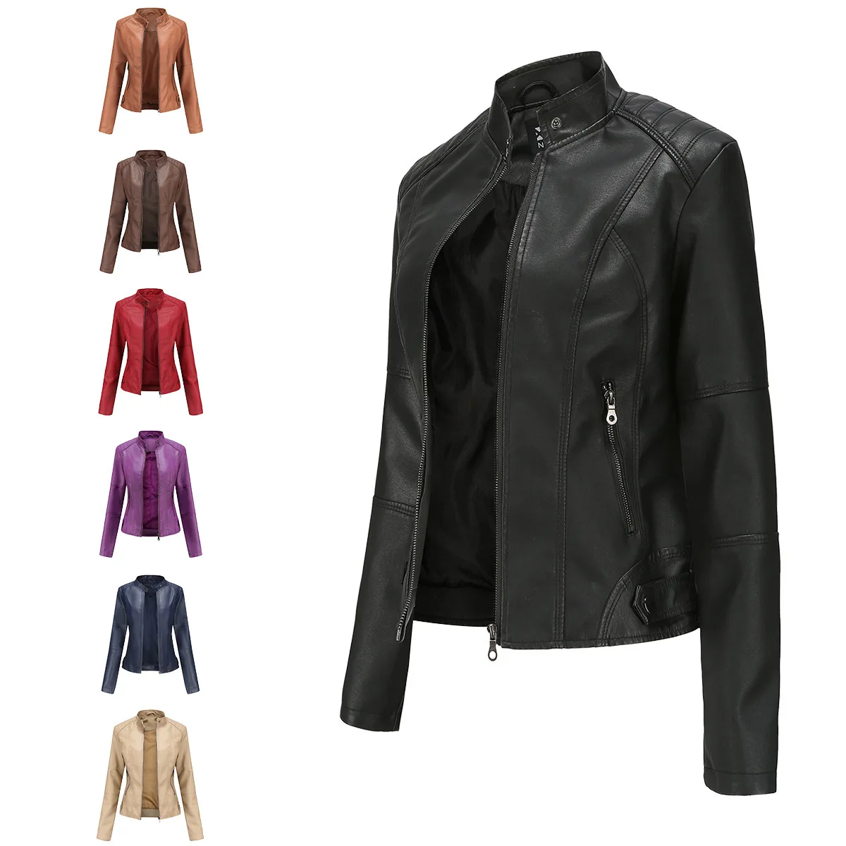 

Women's Autumn Faux Leather Jacket Soli Color Stand Collar Zipper Pockets Outwear For Female Slim Fit Lady's Moto Biker Jacket