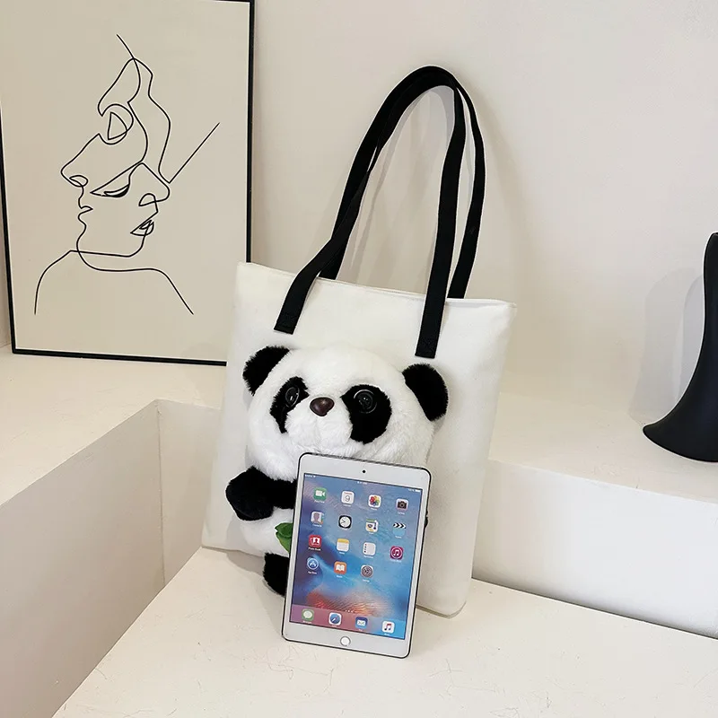 Panda Canvas Tas Schattige Cartoon Pop Schoudertas 2023 Splicing Stijl Grote Capaciteit Opbergtas Vrijetijdsreis Trend All-Match