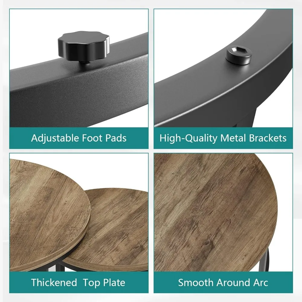 Conjunto de mesa de centro aninhada de 2, mesa de centro redonda de 23,6" com tampo de grão de madeira com pés antiderrapantes ajustáveis, mesas laterais de mesa final